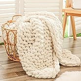 Bigacogo Chunky Knit Throw Blanket for Couch, 40x60 inches, 100% Hand Knitted with Thick Jumbo Chenille Yarn, Cozy Soft Large Rope Knot Cable Crochet Blankets for Sofa Bed Living Room, Beige