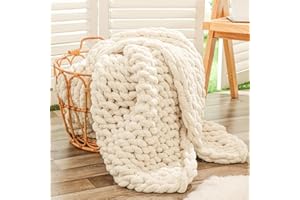Bigacogo Chunky Knit Throw Blanket for Couch, 40x60 inches, 100% Hand Knitted with Thick Jumbo Chenille Yarn, Cozy Soft Large Rope Knot Cable Crochet Blankets for Sofa Bed Living Room, Beige