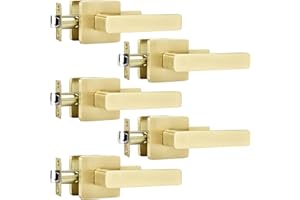 Leydebong 5 Pack Passage Door Handles, Satin Brass Door Knobs Interior, Hallway Closet Door Levers, Heavy Duty Square Door Handle, Reversible for Left or Right Handles