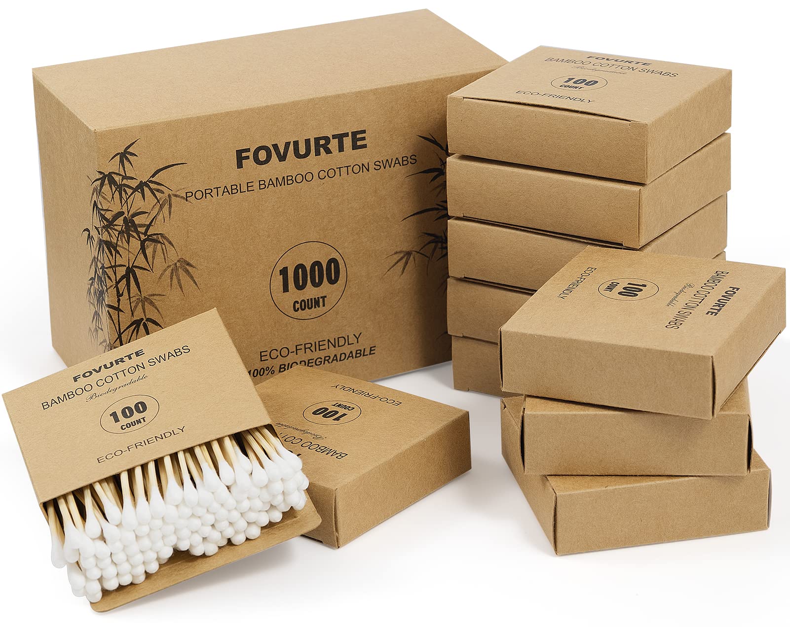 FOVURTE Bamboo Cotton Swabs 1000 Count - Natural Cotton Swab with Round Head Tips, Double Tipped Ear Sticks, Wooden Cotton Buds for Cleaning Travel Makeup