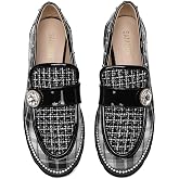 Women's Plaid Lug Sole Penny Loafers,Ladies Sparkly Rhinestones Pearl Trendy Low Heel Slip on Dressy Holiday Shoe Round Toe Comfort Party Evening Glitter Memory Foam Shoe