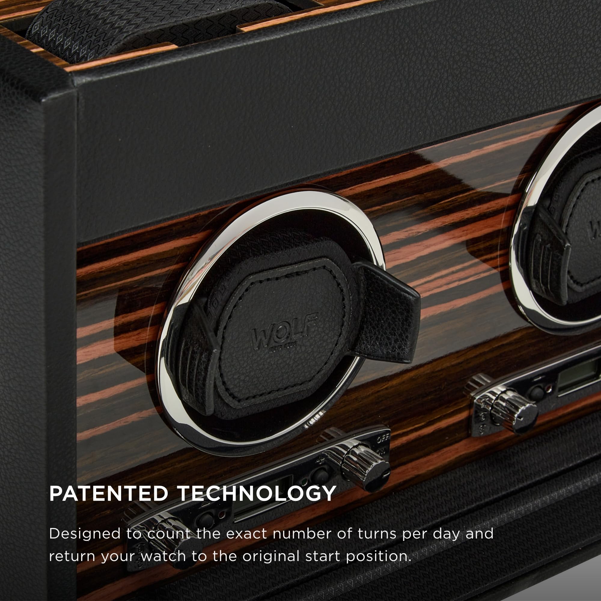 WOLF Roadster Double Watch Winder with Storage, Black - Secure Fit with Patented Lock-In Dynamic Cuff - Vegan Leather & Glass Cover - Includes Universal Adapter & Travel Case