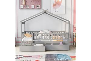 HARPER & BRIGHT DESIGNS Twin House Bed with 2 Storage Drawers, Kids Twin Bed Frame with Rails and Roof, Tent Bed, Wooden Twin Daybed, Twin Montessori Bed for Kids Teens Girls & Boys, No Box Spring Needed (Gray)