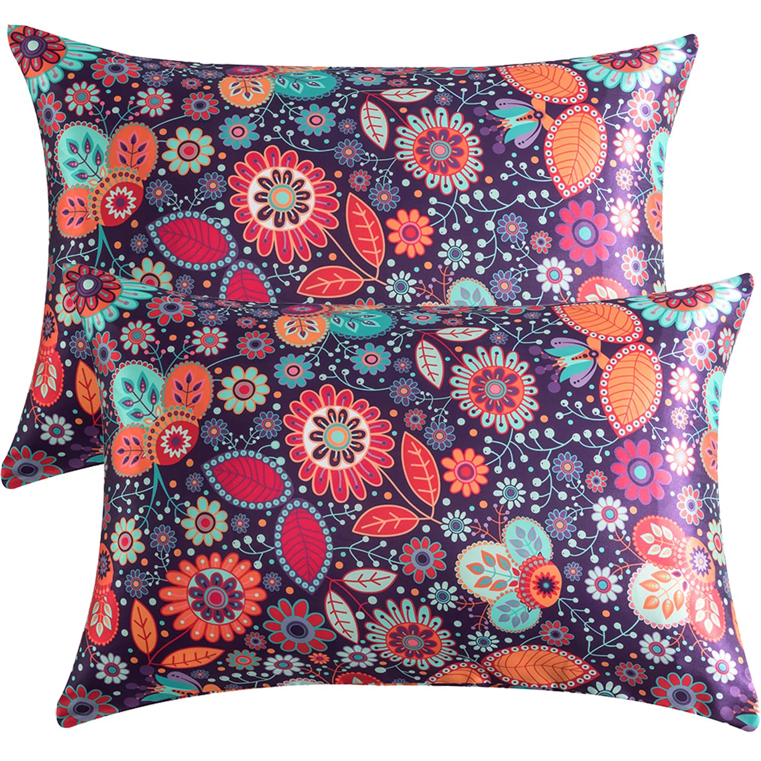 DuShow Satin PillowCases 2 Pack - Floral Silky Red Pillowcase for Hair and Skin Standard Size with Zipper Closure,Sun Flower,50x75 cm