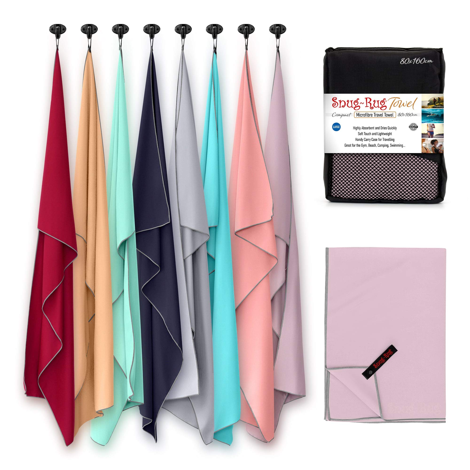 Snug Rug Microfibre Beach Towel Large L 80 x 160cm – Super Absorbent Quick Drying Lightweight Sand Proof Beach Towels Sea Fog Mauve