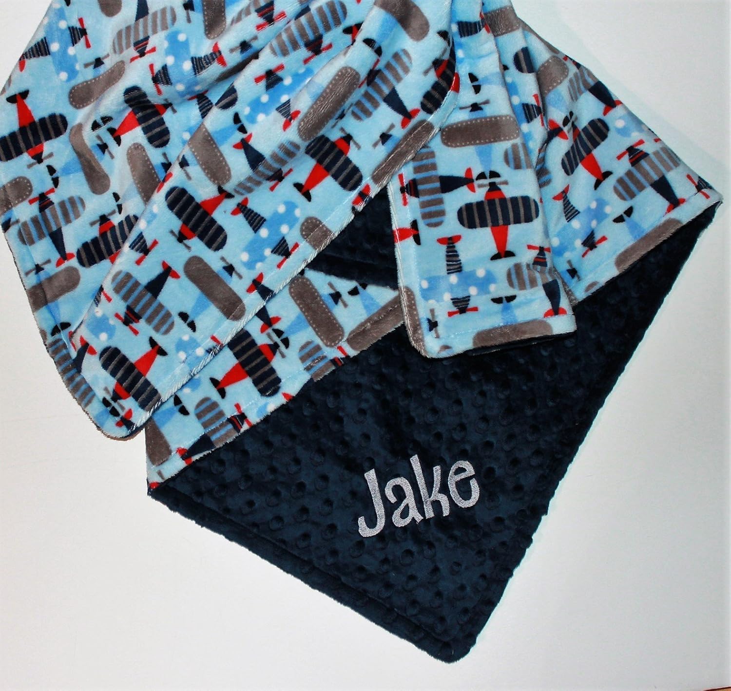 Personalized Baby Boy Airplane Double Minky Baby Blanket baby blue, navy, red