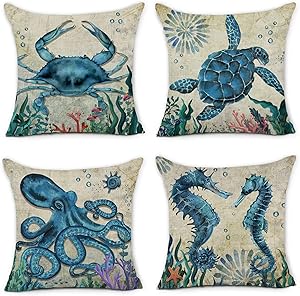 pinata Ocean Beach Pillow Covers 18x18 Set of 4 Nautical Coastal Teal Blue Outdoor Decorative Summer Throw Pillows Cases Turtle Octopus Home Patio Furniture Couch Sofa Square Seasonal Cushion Covers