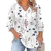 Rapbin Womens Plus Size Tops 3/4 Sleeve Blouses Shirts Casual V Neck Loose Tunic Tops 1X-5X