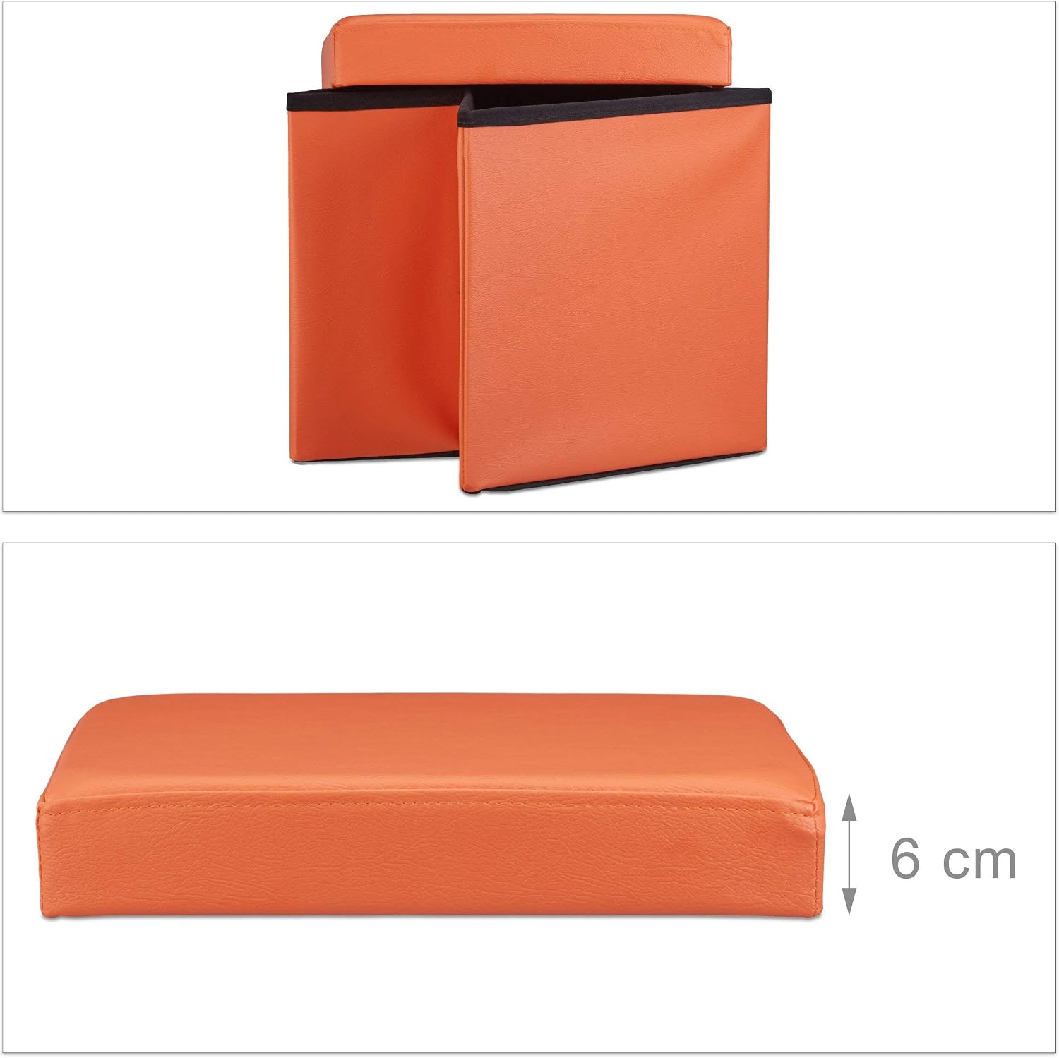 Relaxdays Folding Ottoman 38 x 38 x 38 cm Sturdy Storage Chair Pouffe and Footstool, Faux Leather Box, Removable Lid, Orange - Image 5