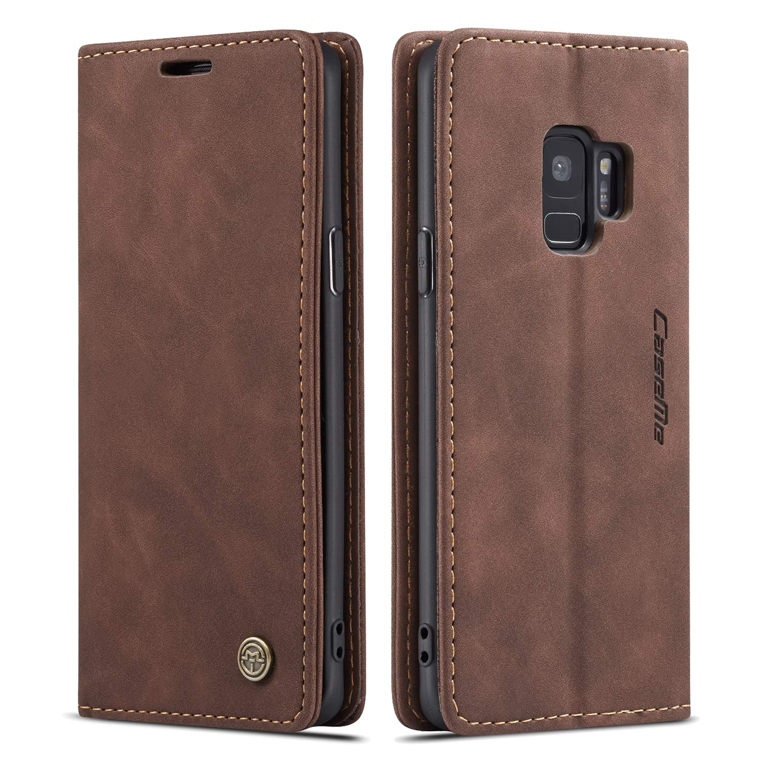 QLTYPRI Case for Samsung Galaxy S9, Vintage PU Leather Wallet Case Card Slot Kickstand Magnetic Closure Shockproof Flip Folio Case Cover for Samsung Galaxy S9 - Coffee Brown