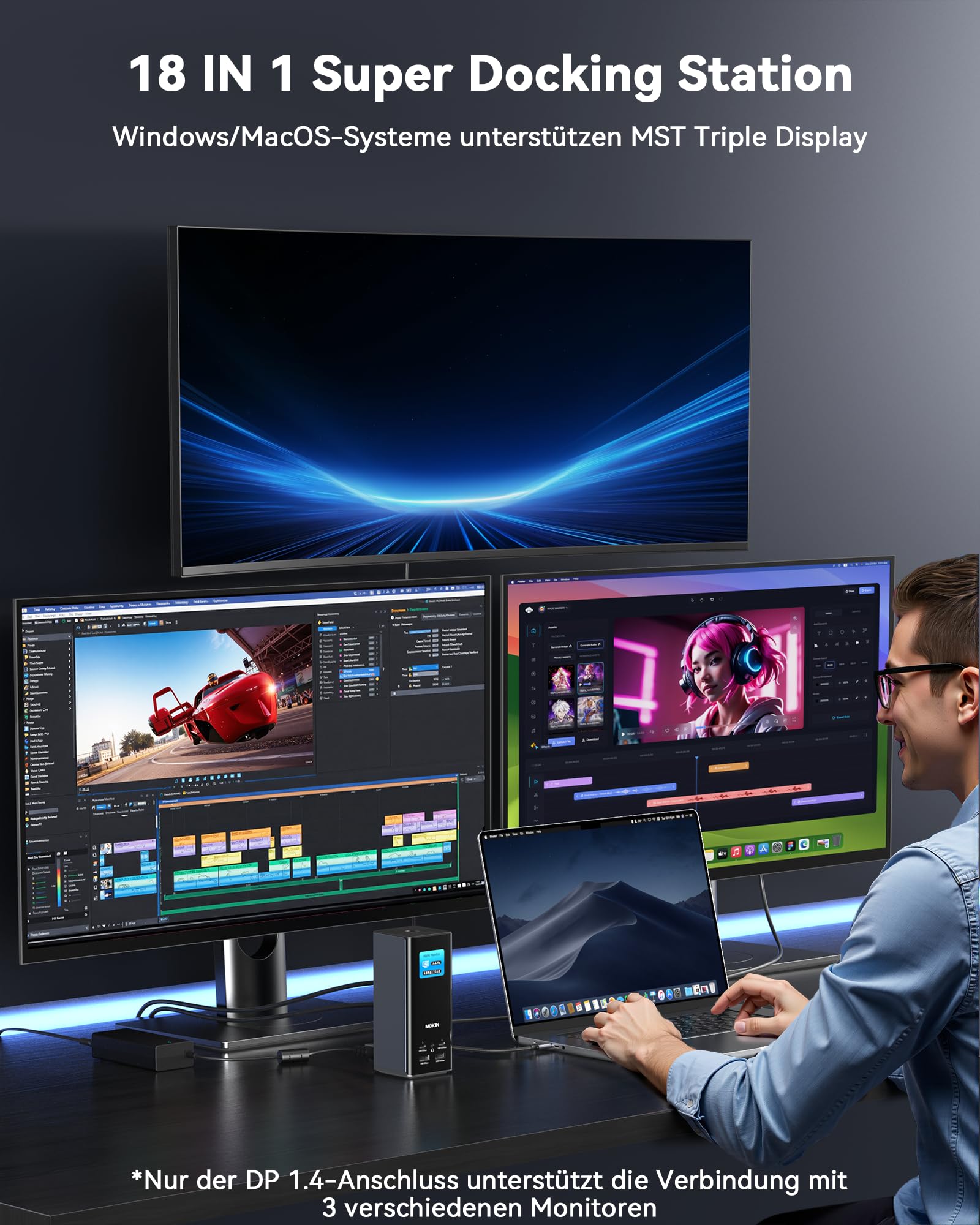 MOKiN Docking Station 3 Monitore, 18 in 1 USB C Docking Station Triple Display mit 3X HDMI, 2X DP, 150W Max, Intelligente Display, Triple 4K 60Hz, 10Gbps USB Ports, Gigabit Ethernet, für Laptop 3