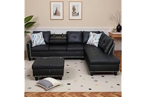Trygoal L-Shaped Sectional Sofa with Movable Chaise & Storage Ottoman, Leather 3-Piece Modular Convertible Couches for Living Room, Apartment & Office, Black