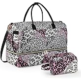 Wedama Weekender Bag for Women, Large Travel Duffel bag with Shoe Compartment, Carry on Overnight with Toiletry Makeup Bag for Travel Gym Camping Hospital, Leopard Print