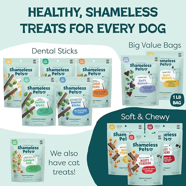 SHAMELESS PETS SOFT-BAKED DOG TREATS, VARIETY 5-PACK – NATURAL & HEALTHY DOG CHEWS FOR SMALL, MEDIUM & LARGE DOGS – BISCUITS BAKED & MADE IN USA, FREE FROM GRAIN, CORN & SOY