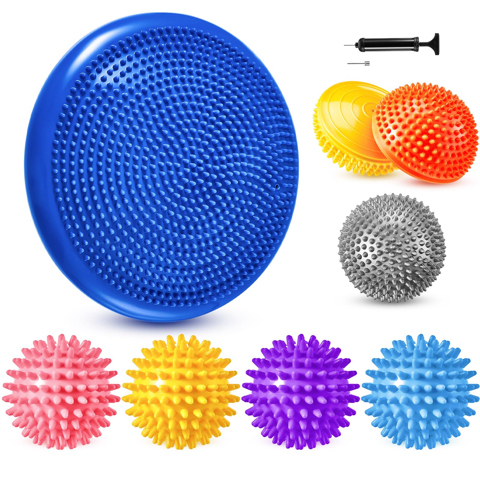 Photo 1 of Meooeck Hedgehog Balance Pods with Hand Pump Including 1 Balanced Pad, 3 Balance Pods, 4 Spiky Massage Balls for Core Body Balancing, Sensory Play for Kid Adult Dog Exercise Stability(Vivid Colors)