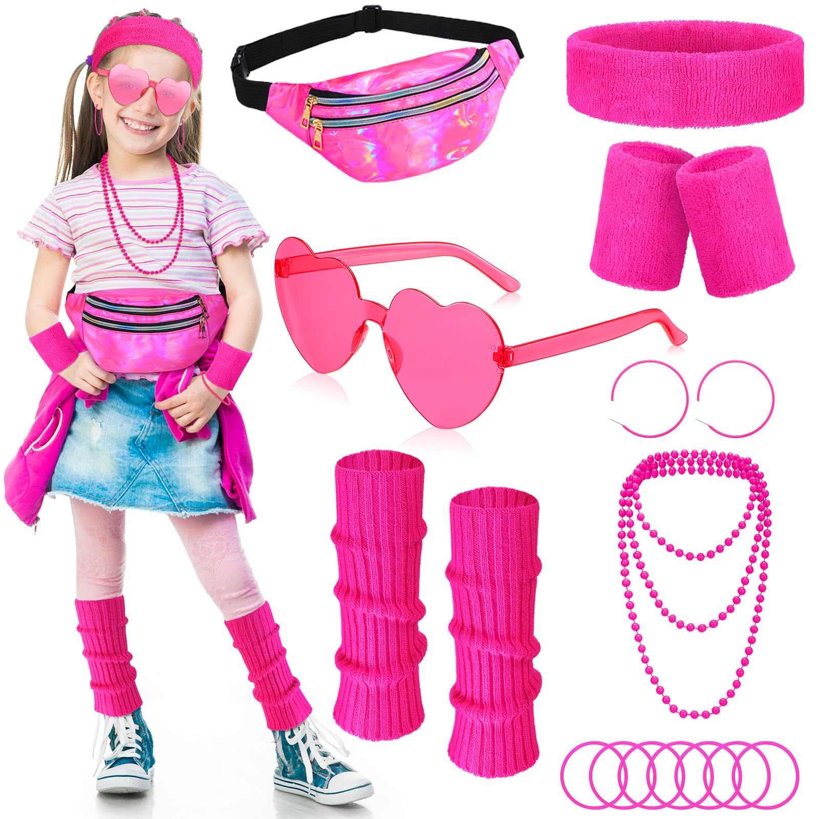 Photo 1 of Vabean 17 Pcs Kids 80s Costume Accessories Set Halloween Girls Cosplay 1980s Retro Party Outfits Holographic Fanny Pack Ribbed Leg Warmers Headband Wristbands Glasses Necklace Earrings Bracelet