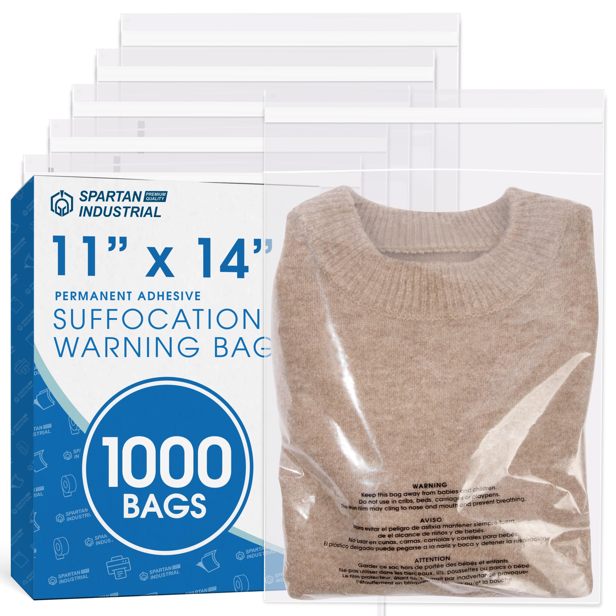 Photo 1 of Spartan Industrial - 11" X 14" (1000 Count) Self Seal Clear Poly Bags with Suffocation Warning for Packaging, T Shirts - Permanent Adhesive