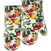 Oven Mitts Set of 2 with Transparent Clear Silicone Shell and Nice Friut Flower Cotton Lining, Heat Resistant to 500 F Kitchen Oven Gloves Pot Holder for Cooking (Friut Flower, Oven Mitts)