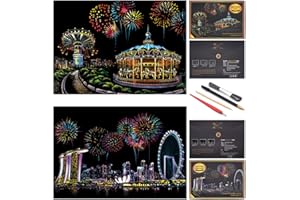 BOTEEN Scratch Painting Rainbow Paper by BOTEEN, Sketch DIY Art Craft Night View Creative Gift,Scratchboard for Adults and Kids ,Craft Kits with 4 Tools,Size:16''x11''