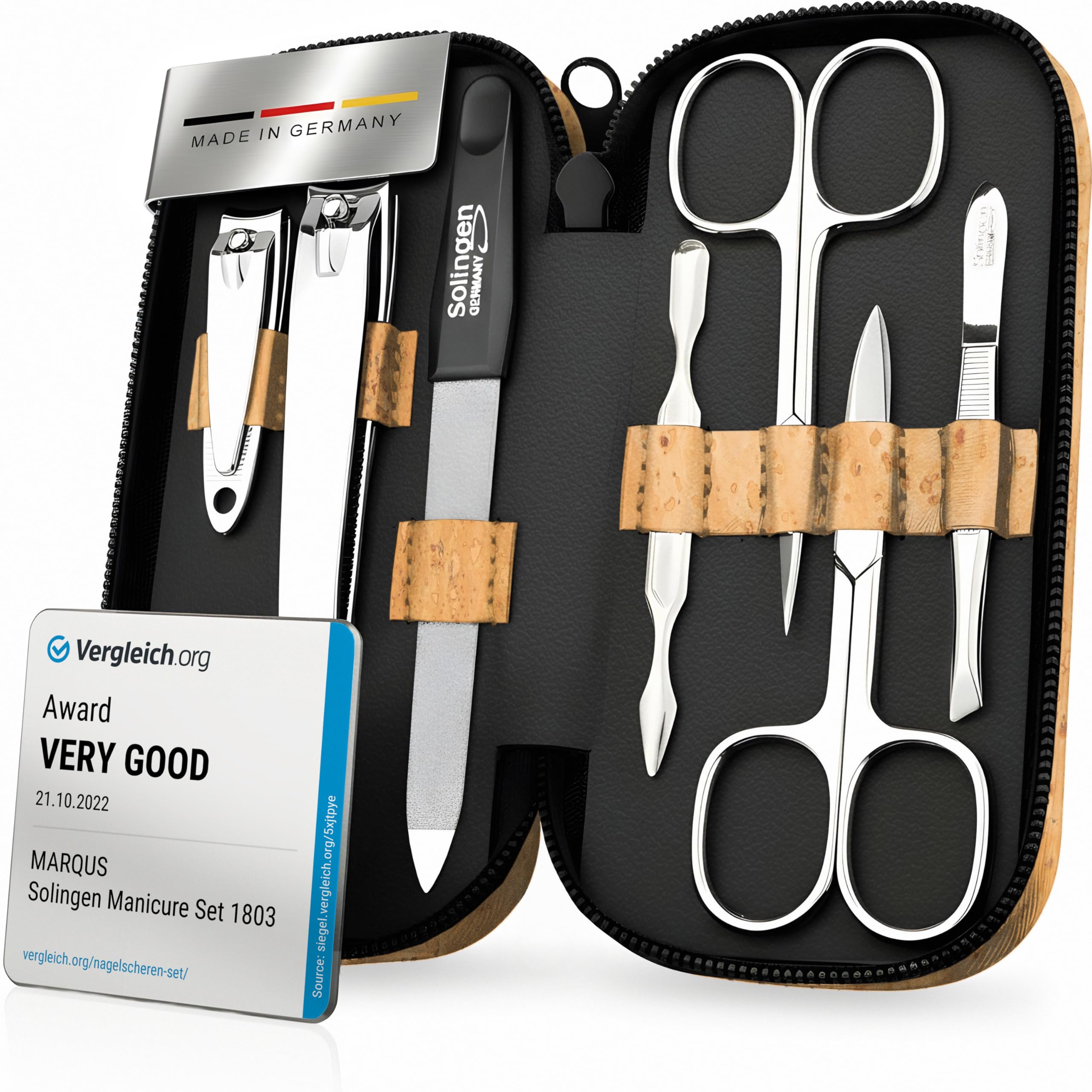 Solingen Manicure Set for Women & Men - Comparison Winner with Top Price/Performance Ratio - Handy and Soft Case - 7-Piece Grooming Kit, Cork
