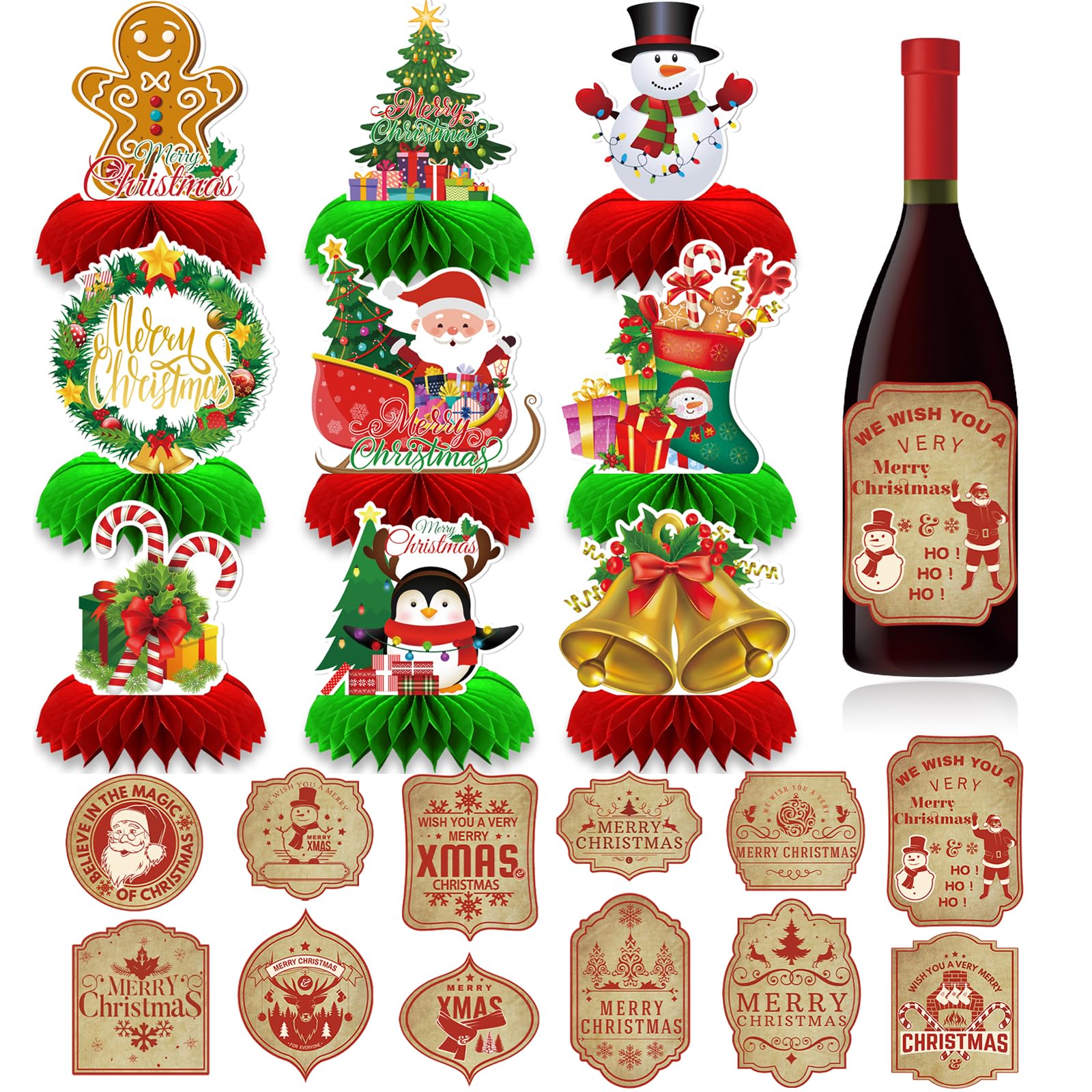 TYXHXTF 9PCS Christmas Table Decorations, 3D Decorations Christmas Honeycomb Centrepieces for Christmas Party Decorations Party Supplies Indoor Outdoor（with 12 Drink Decoration Stickers）