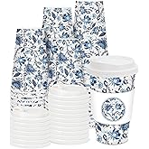 JarThenaAMCS 50 Sets Blue Floral Coffee Cups with Lids and Sleeves 16oz Vintage Flower Paper Cups Retro Disposable To Go Coffee Cups For Cafe Shop Cappuccino Chocolate Beverage Cocoa