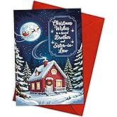 Christmas Wishes to a Special Brother and Sister-in-Law Card – Cozy Winter Cottage Design with Santa Sleigh, Beautiful Holiday Greeting for Family, Festive Christmas Card with Red Envelope Single 5.3''x8'' with Envelope