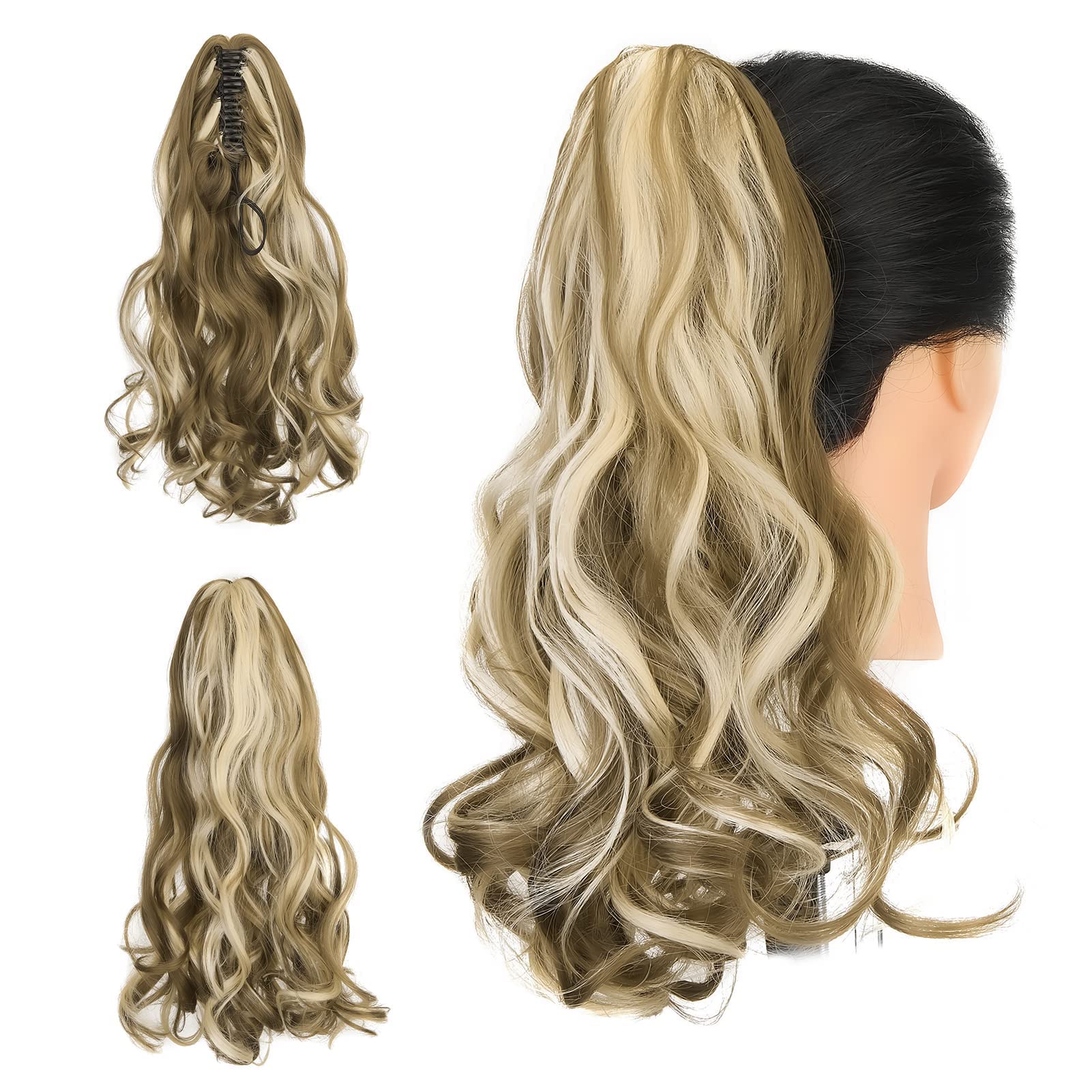Gairyan 18inch Ponytail Extension Clip in Ponytail Hair Extensions Curly Wavy Pony Tails Claw on Ponytail Long Synthetic Hairpieces for Women Soft Real Look Wave (Golden Brown & Bleach Blonde) — image 1