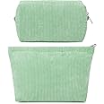 SOIDRAM 2 Pcs Corduroy Makeup Bag Large Cosmetic Bag Toiletry Bag Makeup Pouch Travel Bag Organizer Cute Makeup Brushes Aesthetic Accessories Storage Bag for Women Green