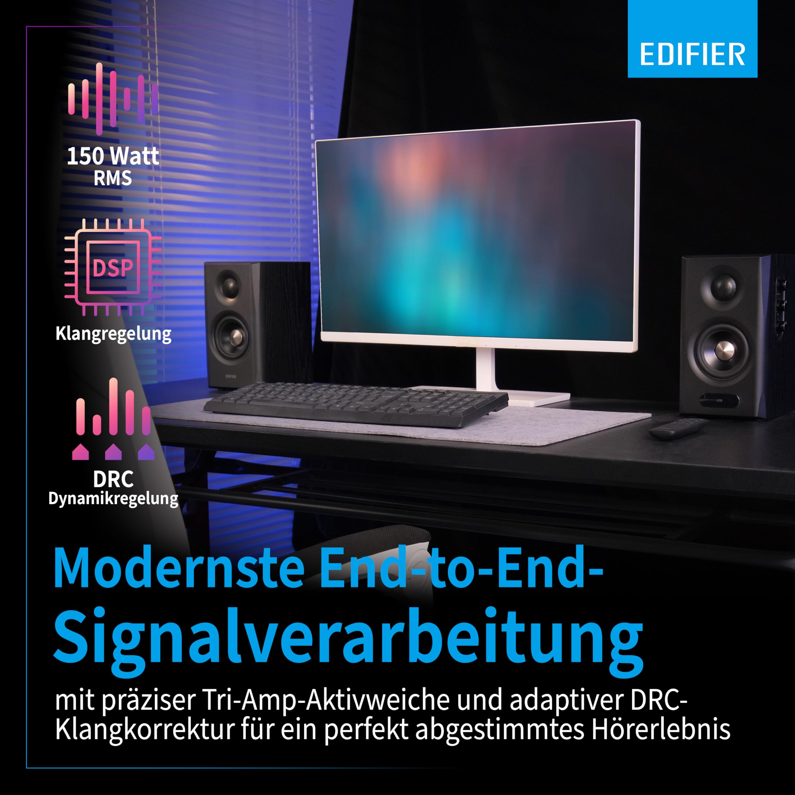 Edifier S355DB 2.1 Hi‑Res Lautsprechersystem – 150W RMS, 5.8GHz Wireless Subwoofer, HDMI eARC, LDAC Bluetooth 6.0, USB‑C, Optisch, Coaxial, Tri‑Amp DSP, Premium Design (Schwarz) 5
