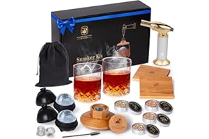 Woody Flavors At Home Old Fashioned Cocktail Smoker Kit for Whiskey, Bourbon, and Drinks with Cherry Smoker, Natural Wood Chip Flavors, Culinary Torch, Ice Cube Spheres, 2 Coasters, 2 Glasses