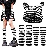 Angirlish Y2k Crochet Beanie Hats Knitted Striped Arm and Leg Warmers Cat Beanie Accessories for Women