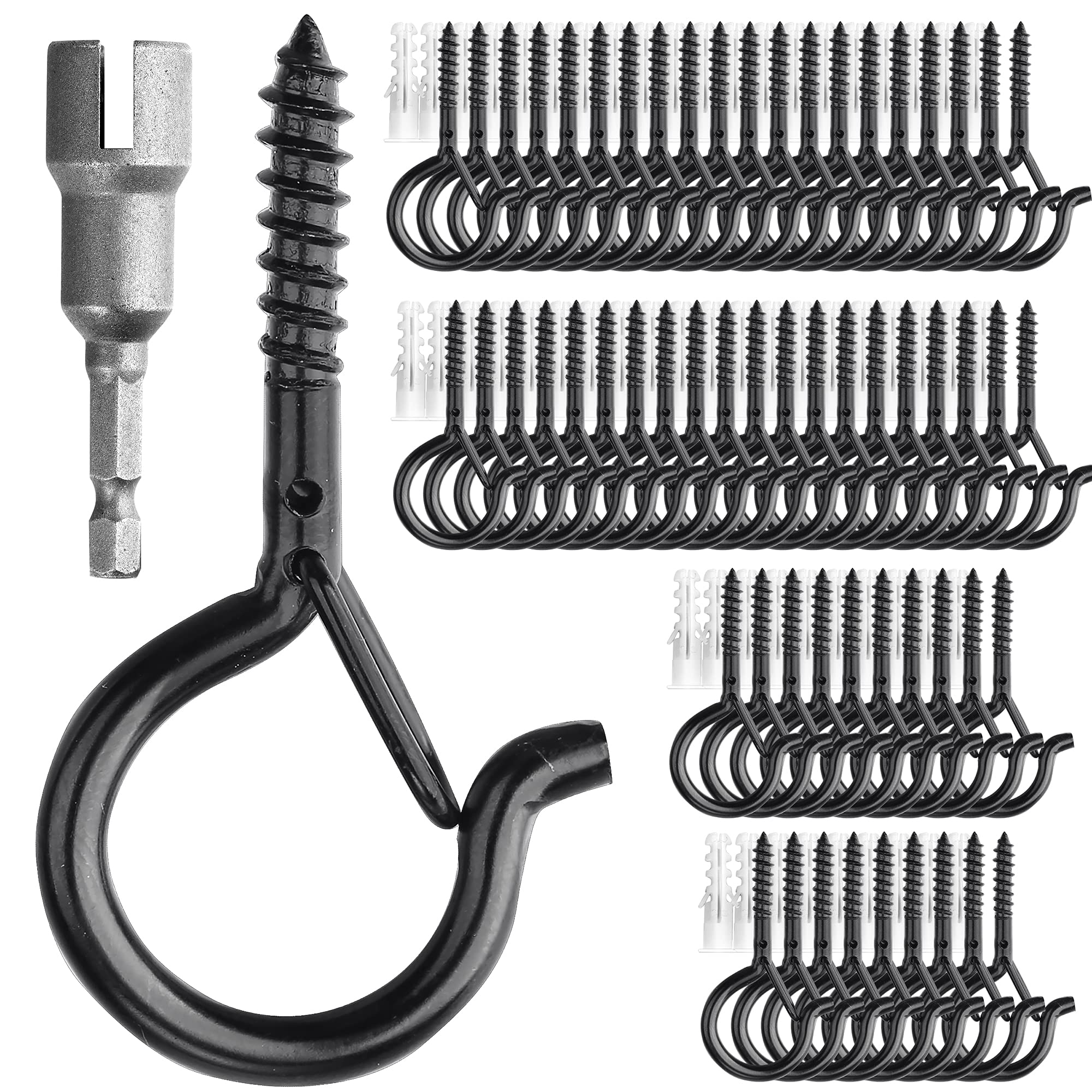 Photo 1 of PlusRoc 60 Pack Ceiling Hooks for Hanging Plants Outdoor String Lights, Q-Hanger Screw in Hooks for Hanging, 2.2 Inch Black Cup Hook Eye Hooks Outside Patio, Wall Wood Ceiling Deck Fence Mount