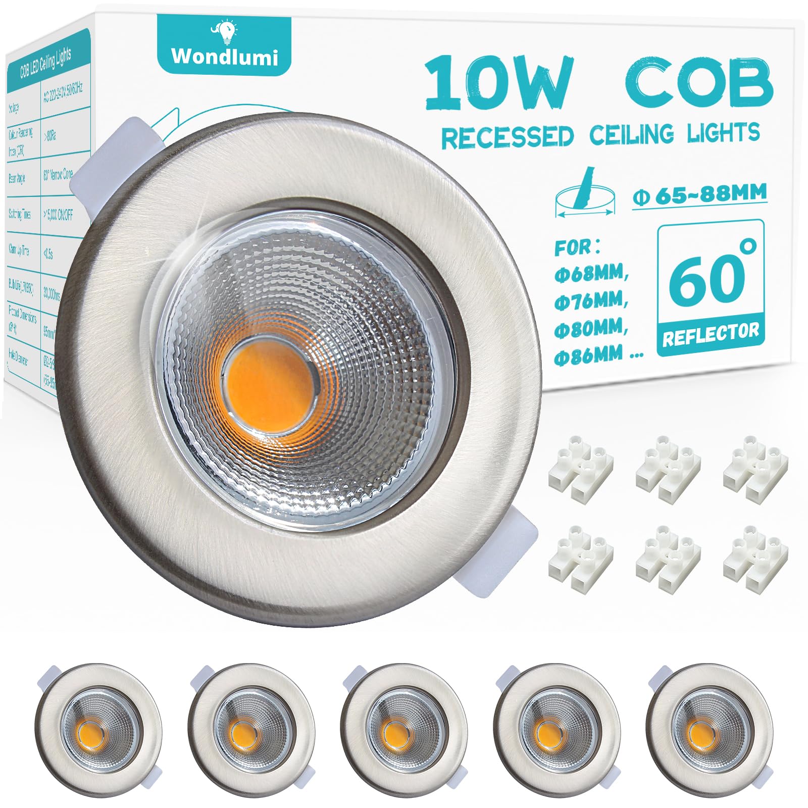 Wondlumi 6X LED Recessed Ceiling Lights, 10W 850lm Warm White 3000K Spotlights Ultra Slim LED Downlights for Ceiling, Brushed Chrome Spot Lights for Bedroom, Living Room, Kitchen