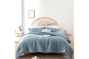 JANZAA California King Comforter Set 7pc Comforter Set Bed in a Bag Mineral Blue Comforter Solid Color Bedspread with Microfiber Sheets Soft Pillow Shams White Pillow Cases Fitted Sheet Flat Sheet