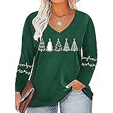 Women Plus Size Christmas Shirt Merry Bright Xmas Long Sleeve Tees Christmas Tree Print Casual V Neck Holiday Tee Tops