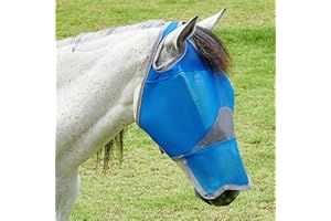 DEERFAMY Adjustable Horse Fly Mask, High-Quility Net Mesh Mask with Large Eye Space,Full Coverage, Soft & Gentle on Skin, No Ears but with Nose (Blue, L)