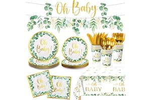 QIYANPAX 177 PCS Sage Greenery Baby Shower Party Supplies Gender Neutral Baby Shower Decorations OH Baby Banner Paper Plates Napkins Cup Cutlery Tablecloth for Girl Boy Sage Green Baby Shower Decorations