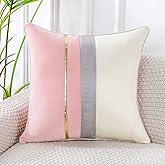 PANOD Patchwork Pink Silk-Like Velvet Throw Pillow Cover with Gold Striped Leather Cushion Case Modern Luxury Square Pillowcase for Sofa Couch Bedroom Living Room Home,16x16 inch