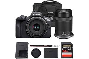 Canon EOS R100 Mirrorless Camera Kit – APS-C RF Camera with 18-45mm & 55-210mm Lenses, 24MP Sensor, 4K Video & Dual Pixel AF (6052C022) + Canon Shoulder Bag + 64GB Memory Card