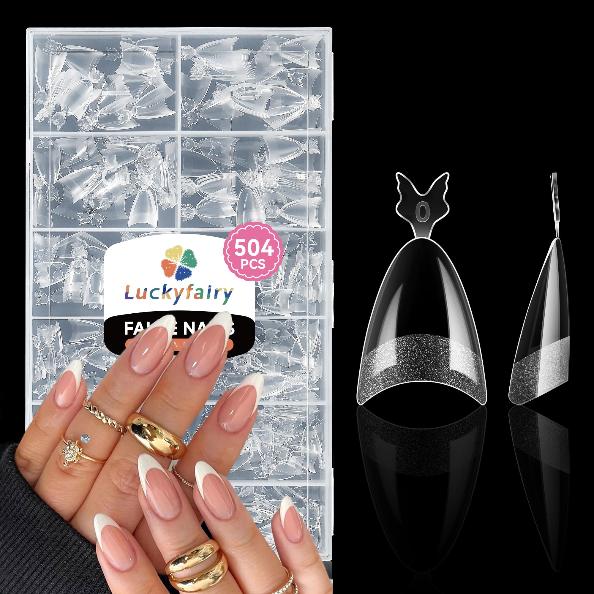 Photo 1 of Luckyfairy Almond Nail Tips, 504PCS Pre Etched Half Cover Fake Nails Tips, 12 Sizes Medium Almond Shape Clear Soft Natural Acrylic Press On Gel Nail Extensions DIY Salon