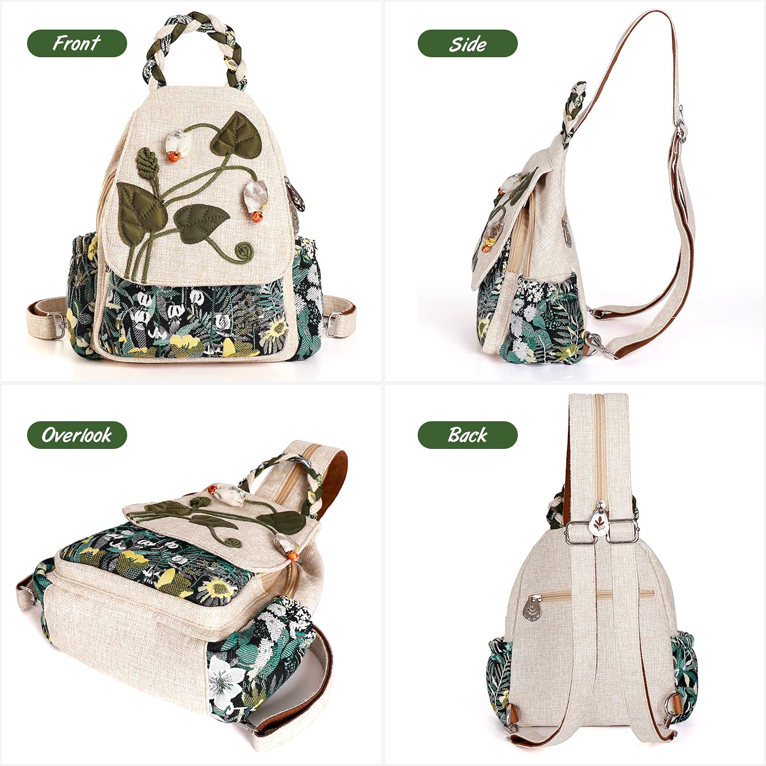 AULUDA Girl's Convertible Sling Bag, Hand Craft Artisan Purse, Beautiful Canvas Premium Casual Day Mini Backpack for Women (Green Marsh)