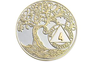 4 Year XL 40mm Nickel & Gold Plated AA Coin - Sobriety Mint Twisted Tree of Life Recovery Medallion/Chip - Silver/Gold