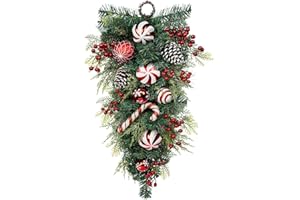 ARBORUS 30" Christmas Teardrop Swag for Front Door Artificial Winter Swag Garland with Pine Cones, Berry Clusters, Red Ball Ornaments and Ribbons for Thanksgiving Holiday Christmas Decoration