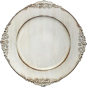 Tiger Chef 12-Piece 13-inch Royal Antiqued White Round Vintage Dinner Charger For Plates, Wedding Reception Chargers Plate Chargers For Table Settings Disposable Hard Round Heavyweight Charger Plates