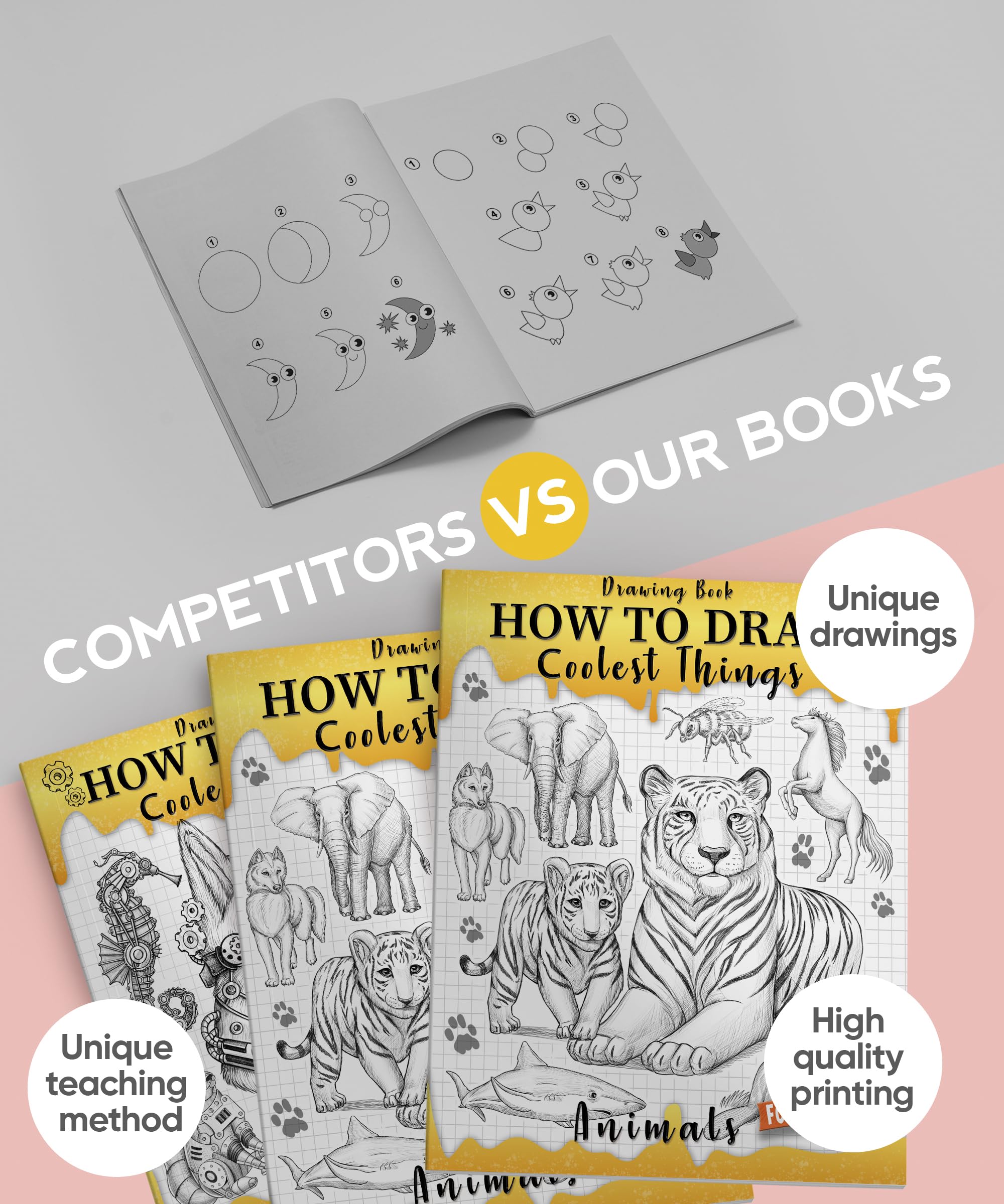 Drawing Book How to Draw Coolest Things Animals: Simple and Fun Drawing Guide that Teaches Kids How to Draw Step by Step. (Includes Animals Such as Dogs, Cats, Lions, Elephants, Dolphins, and More)