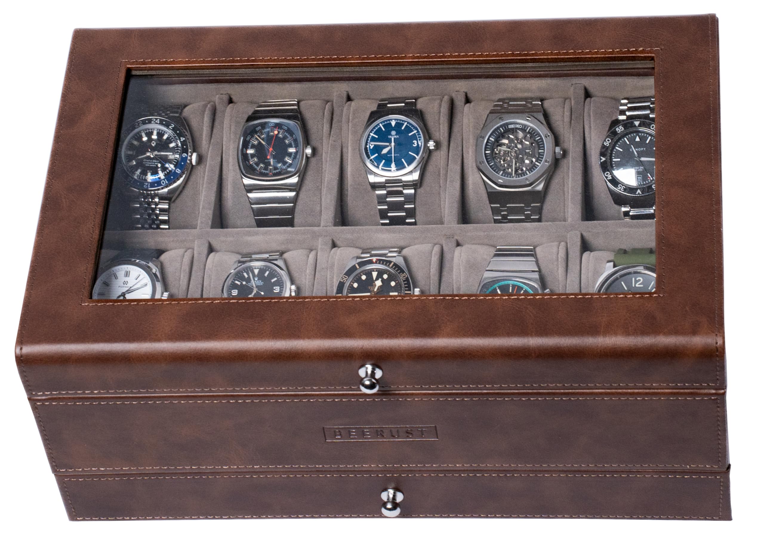 BEERUST 10 Slot Leather Watch Box Organizer for Men - Display Case with Valet Drawer - Ideal for Large Wrist Watches and Jewelry