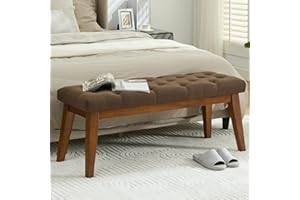 WUTUTUEE 43.5'' Linen Bedroom Bench, Upholstered End of Bed Bench with Tufted Button, Padded Vintage Dining Bench, Entryway Bench with Solid Wood Legs, Kitchen, Living Room, Hallway, Brown Tufted
