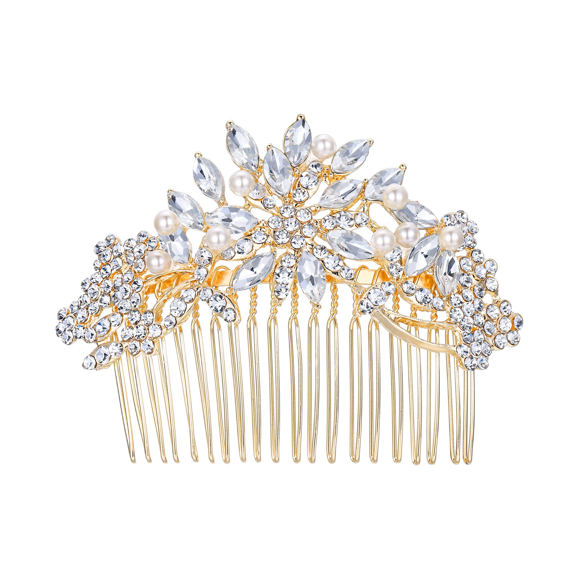 EVER FAITH Women's Crystal White Simulated Pearl Flower Leaf Branch Hair Comb Clear Gold-Tone