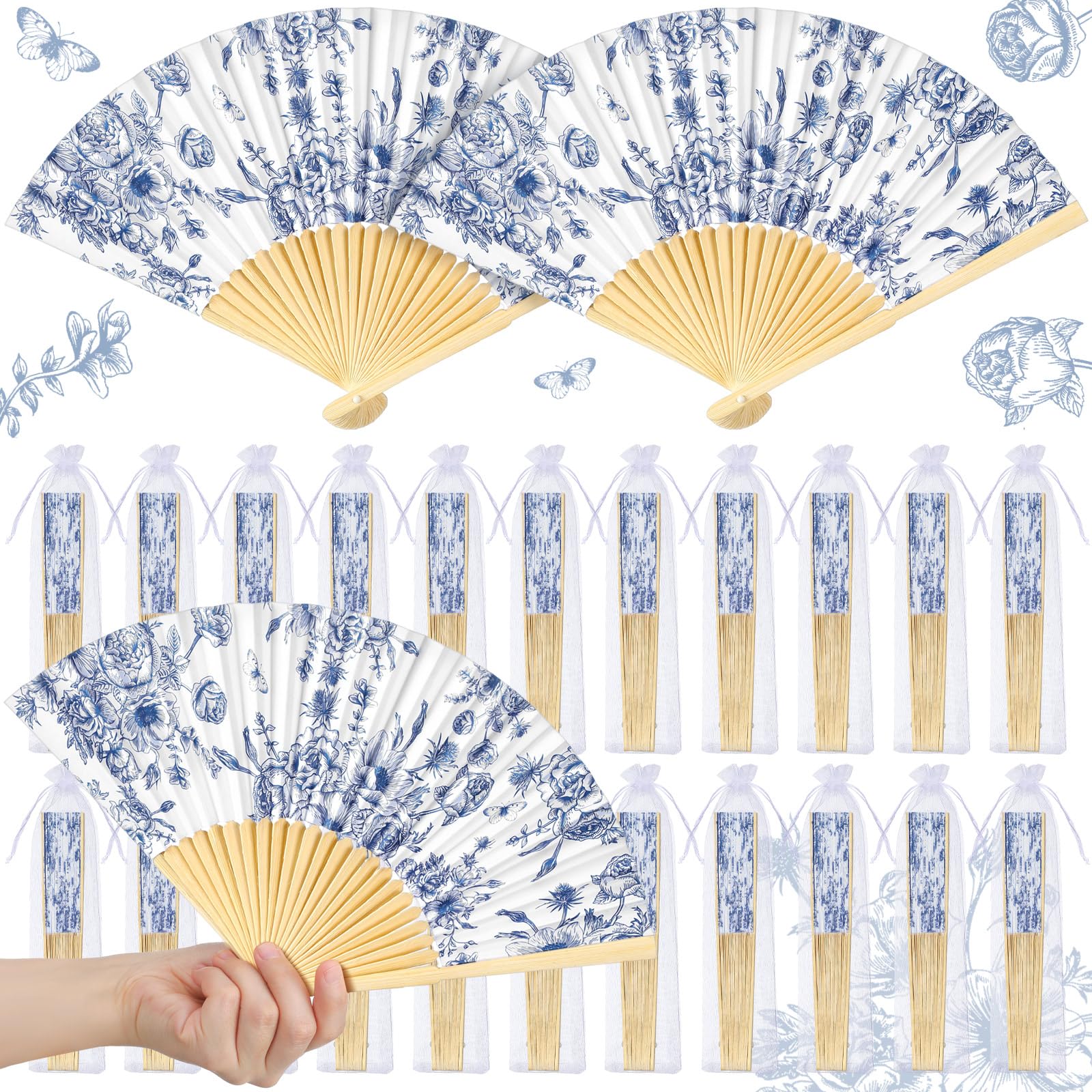 Photo 1 of Vercraft 25 Sets Blue Floral Hand Folding Fans with Organza Bags Bulk Blue Flower Wedding Favors for Guests Vintage Foldable Paper Fans for Bridal Shower Wedding Bridesmaid Thank You Gift Decorations